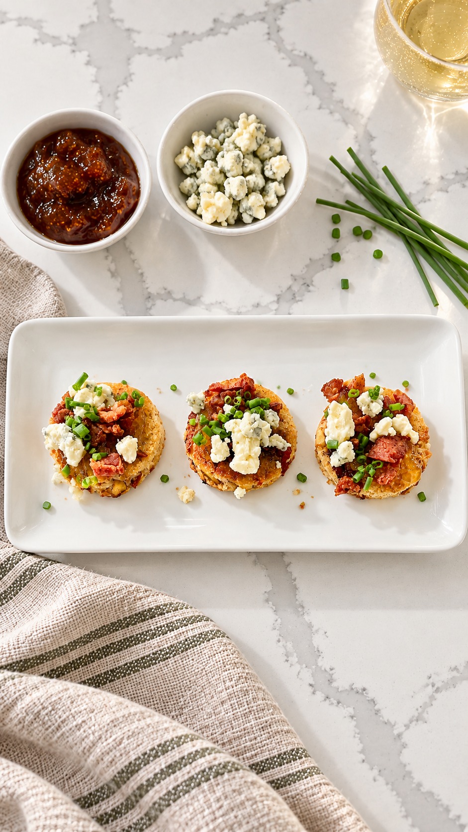 Overhead view of cranberry-pistachio bread crostini with bacon, fig jam, blue cheese, and fresh chives.