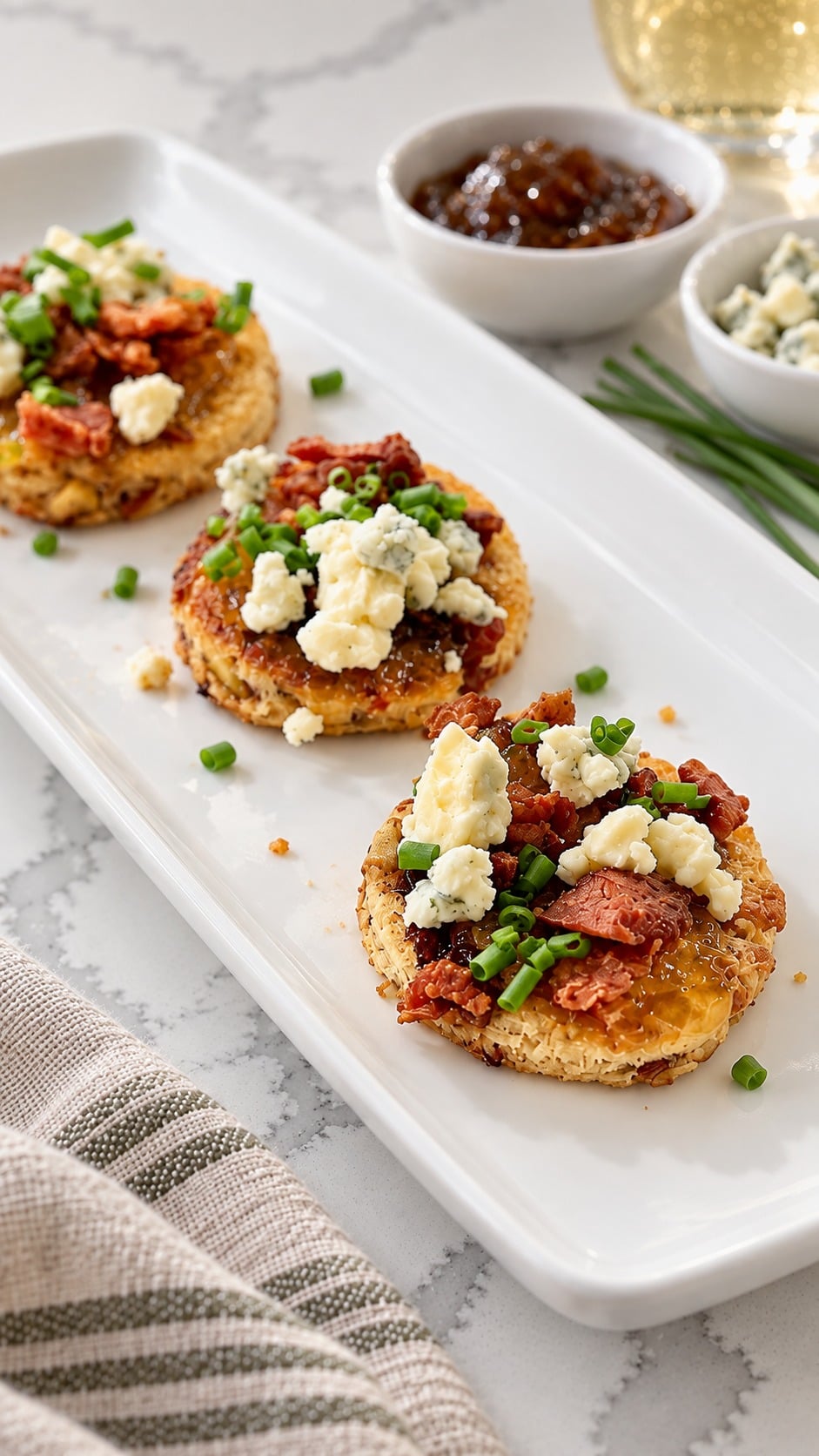 Close view of toasted cranberry-pistachio bread with fig jam, crisp bacon, and softened blue cheese.