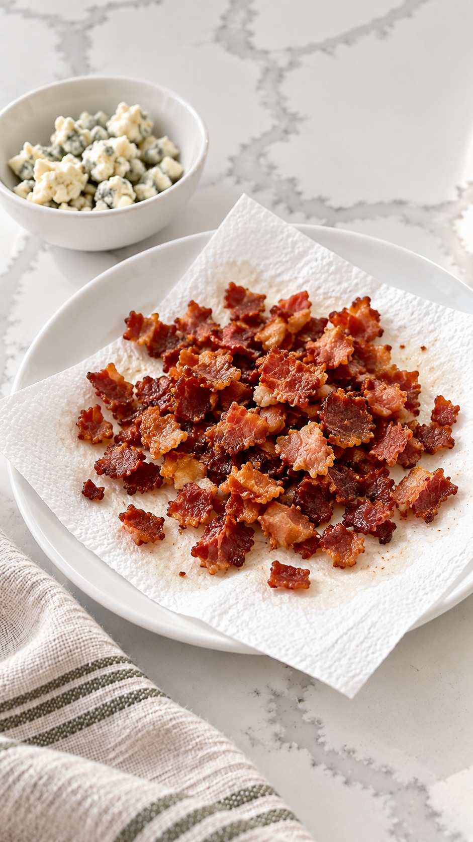 Crisp diced bacon draining on a paper towel–lined white plate.