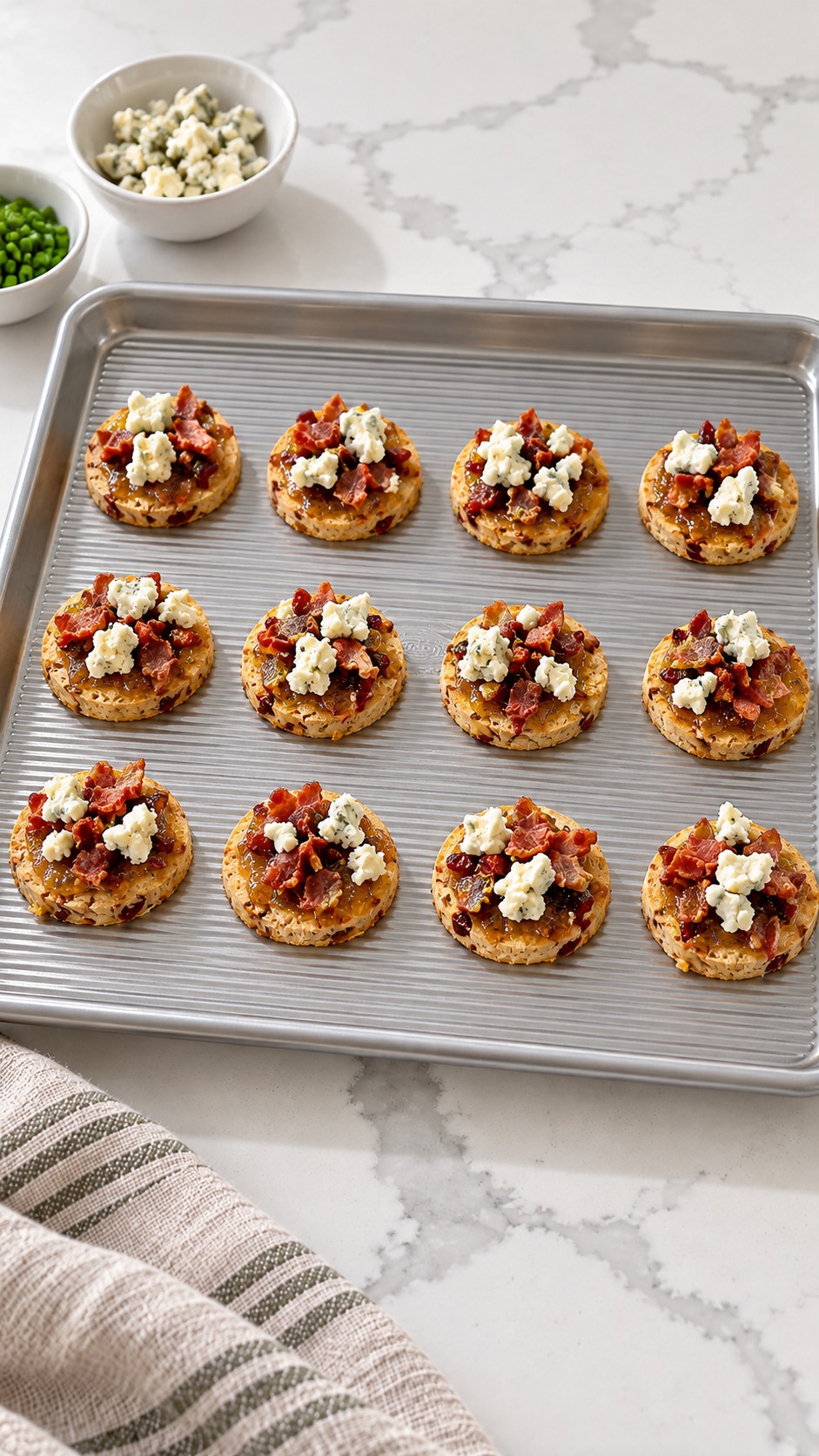 Toasted bread rounds topped with fig jam, cooked bacon, and blue cheese before baking.
