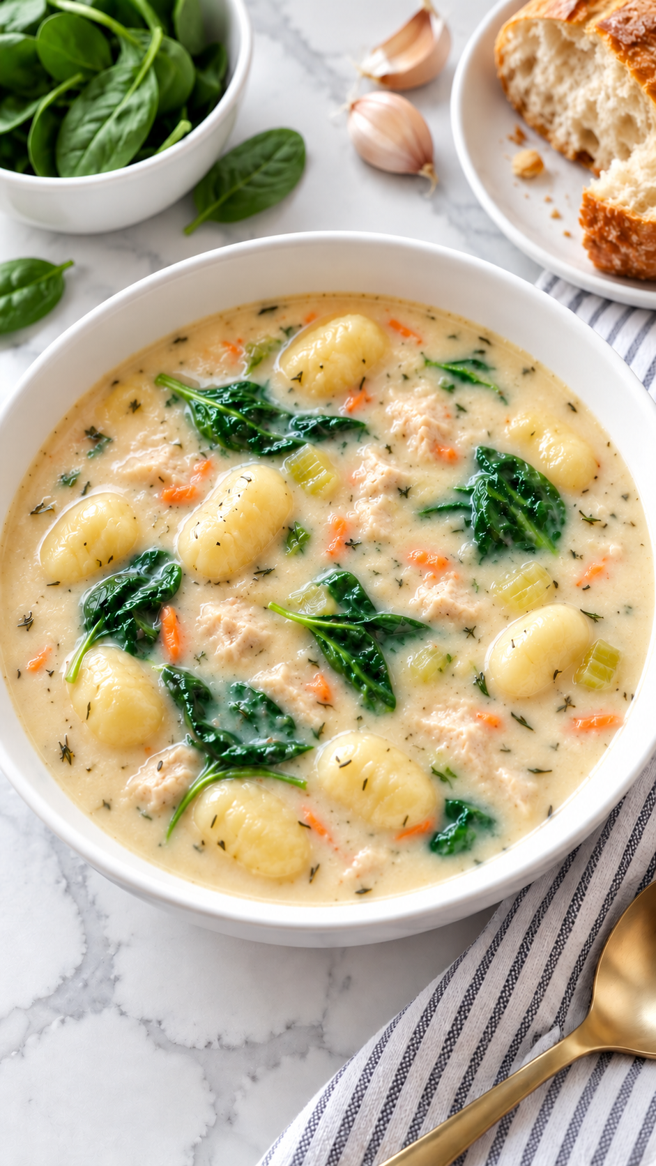 Creamy chicken and gnocchi soup with spinach in a white bowl.