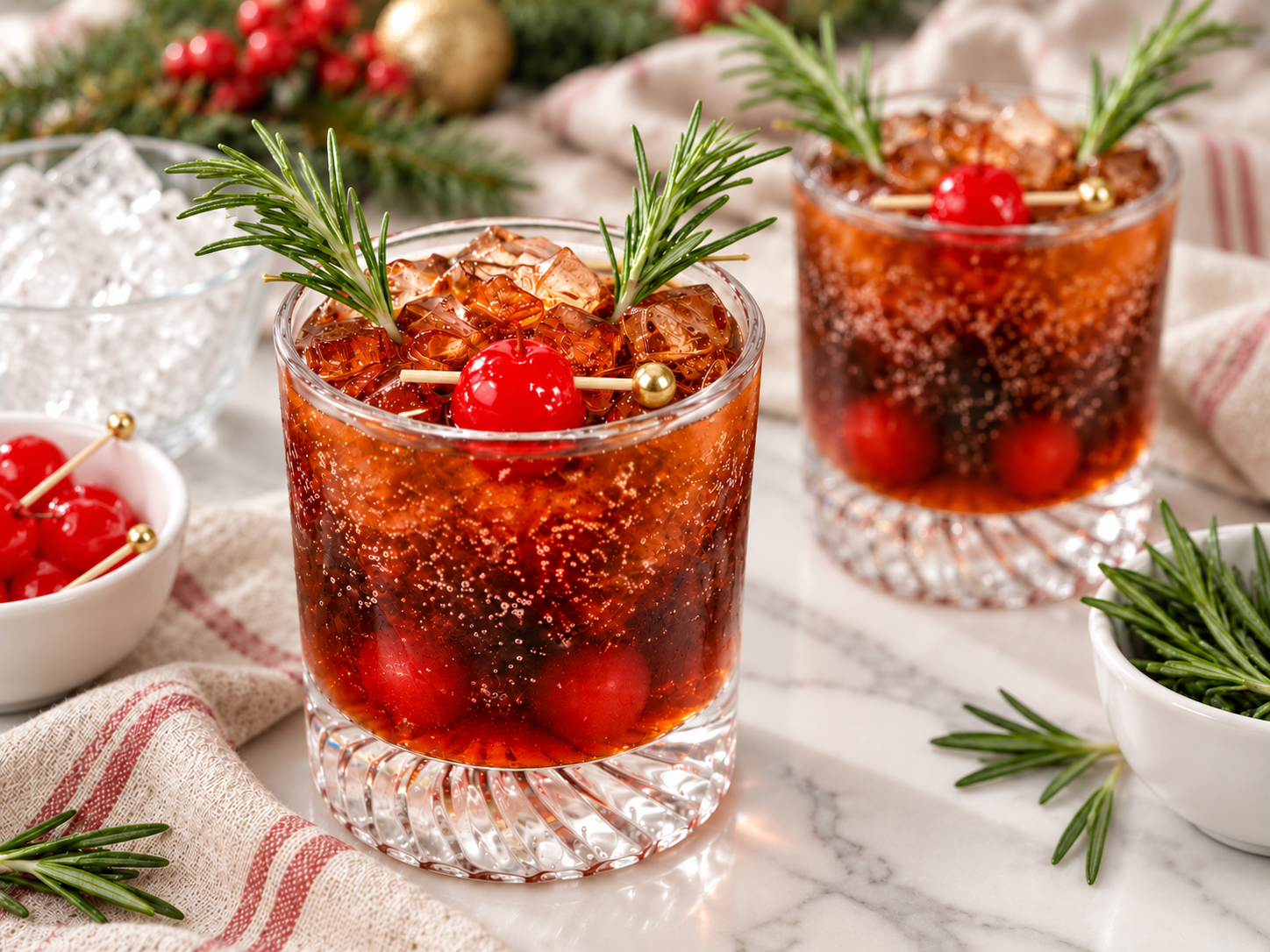 Close-up of a cherry and rosemary garnish on a Dirty Rudolph cocktail