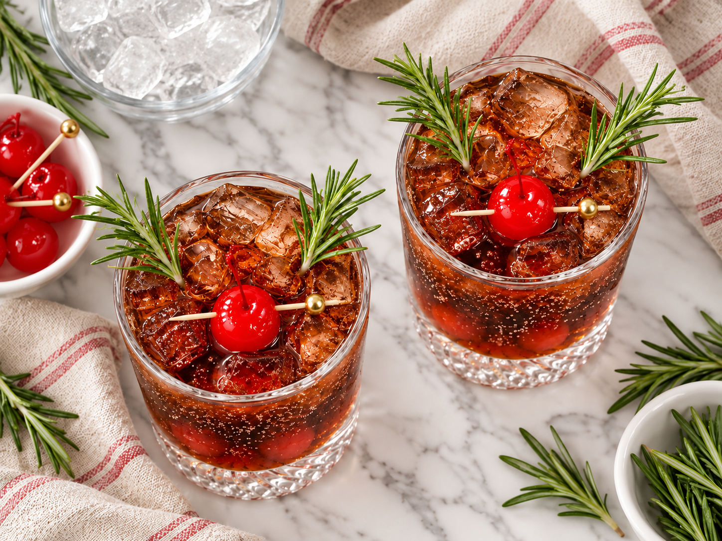 Overhead view of two cherry vanilla rum and cola cocktails