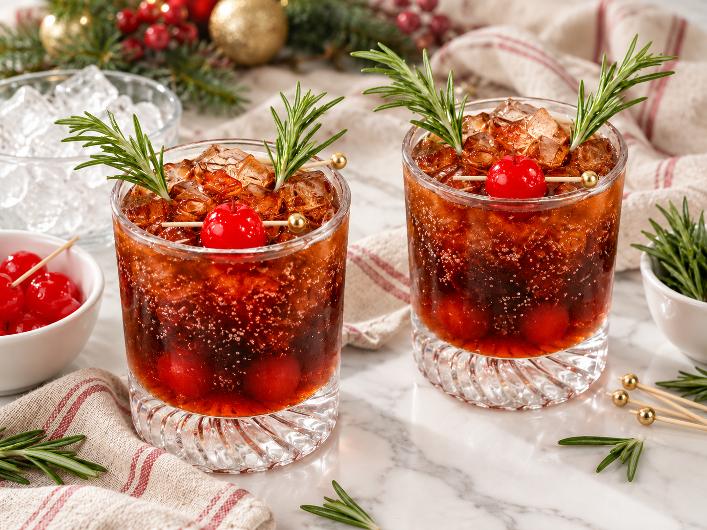 Two Dirty Rudolph cocktails with two rosemary antlers and a centered cherry nose on each glass