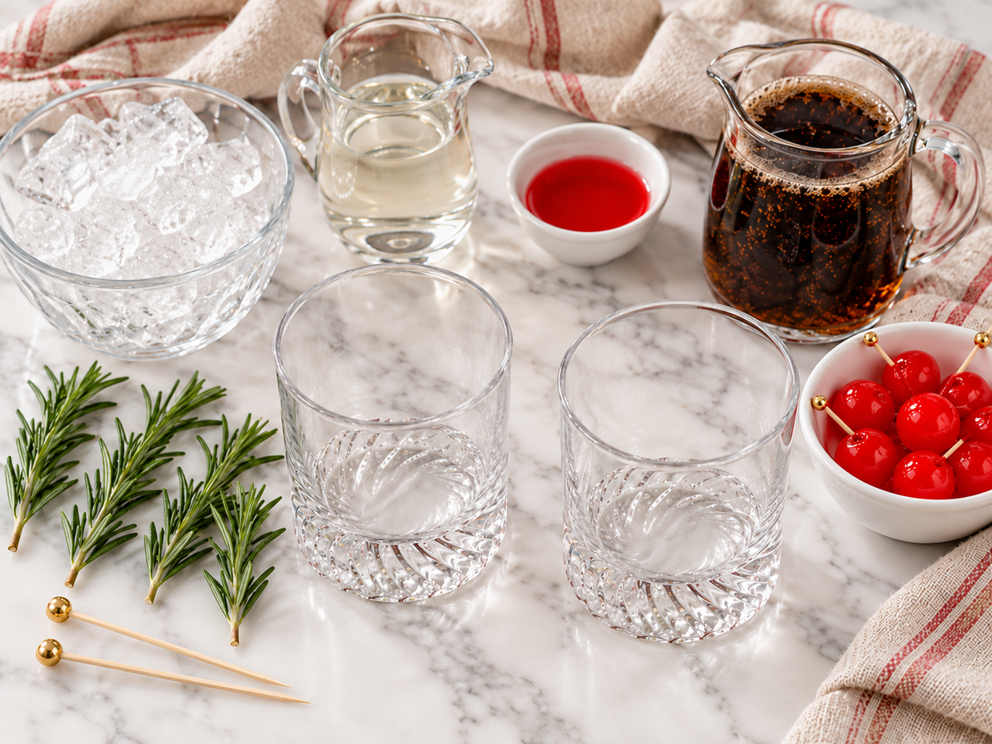 Vanilla rum, cherry juice, cola, eight cherries, rosemary, and ice for two cocktails