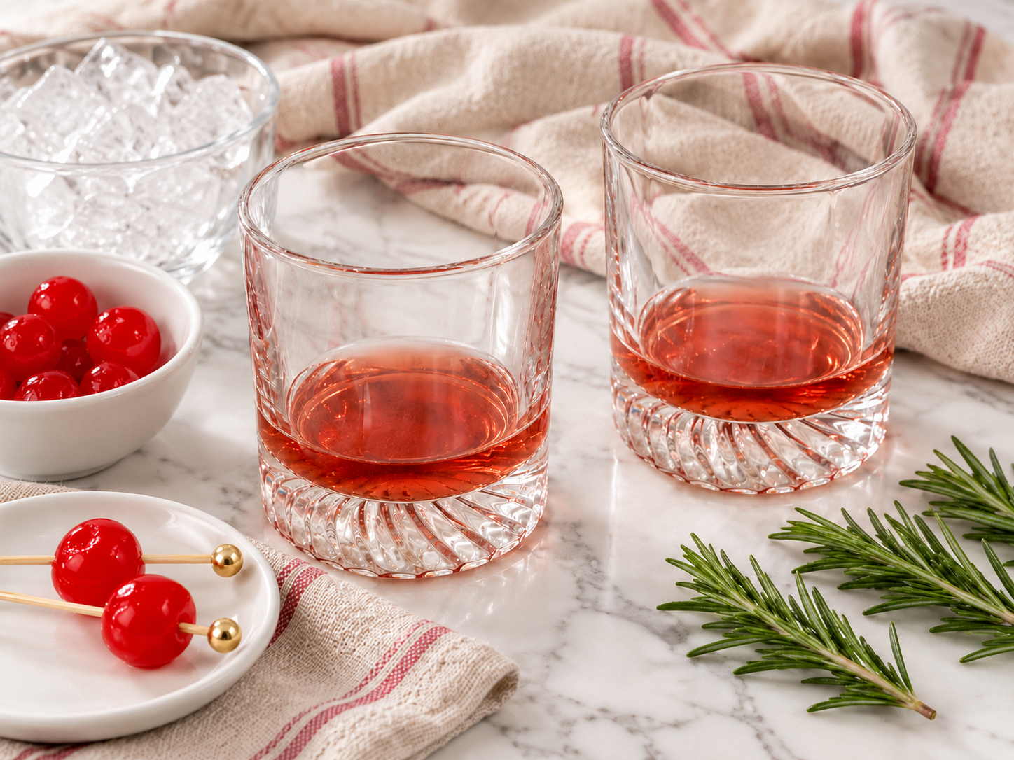 Prepare the garnishes and base for two Dirty Rudolph cocktails