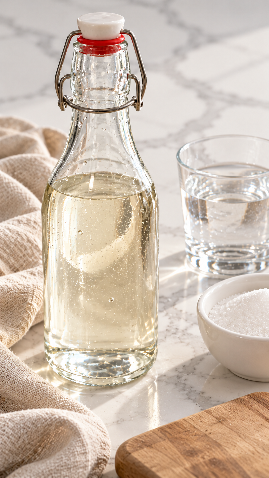 Finished rich simple syrup in a glass bottle with sugar, water, and oatmeal linen