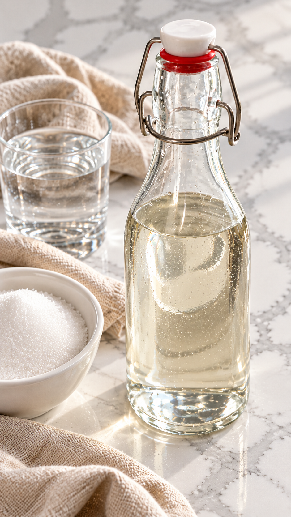 Rich simple syrup in a glass bottle viewed from above with sugar and oatmeal linen