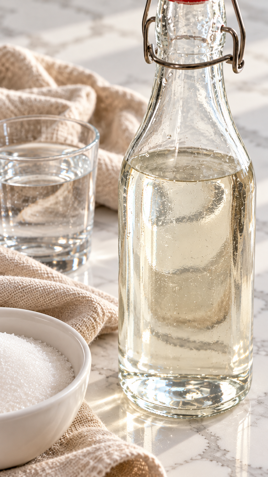 Close view of clear rich simple syrup and its fill level in a glass bottle
