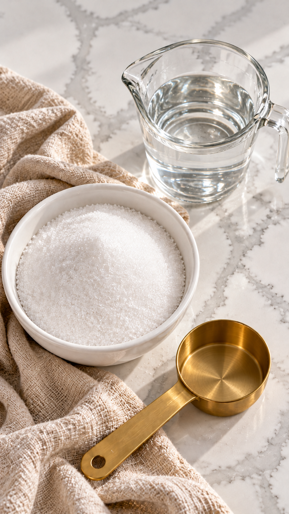 Granulated sugar in a white bowl and water in a clear jug with an empty measuring cup