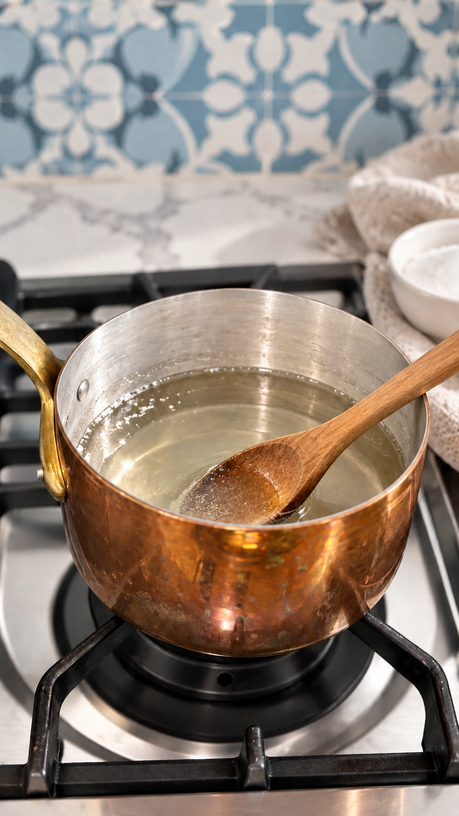 Sugar dissolving in water in a copper saucepan with a wooden spoon