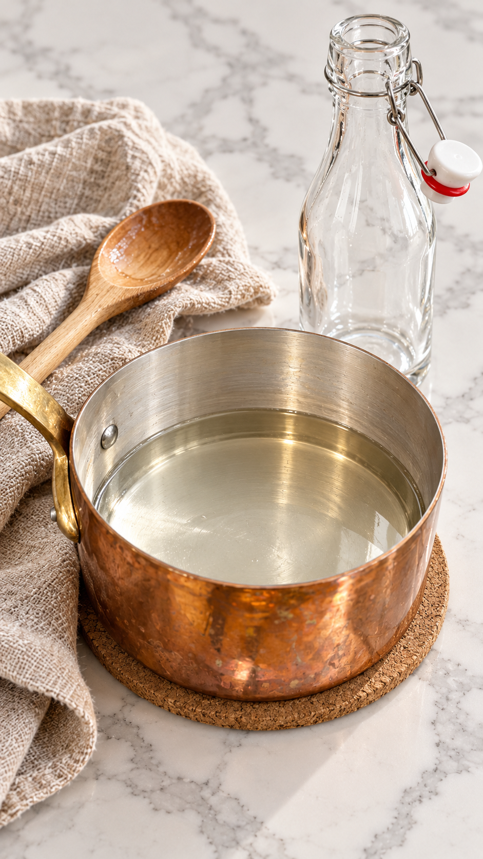 Clear syrup cooling in a copper saucepan off the heat beside an empty bottle