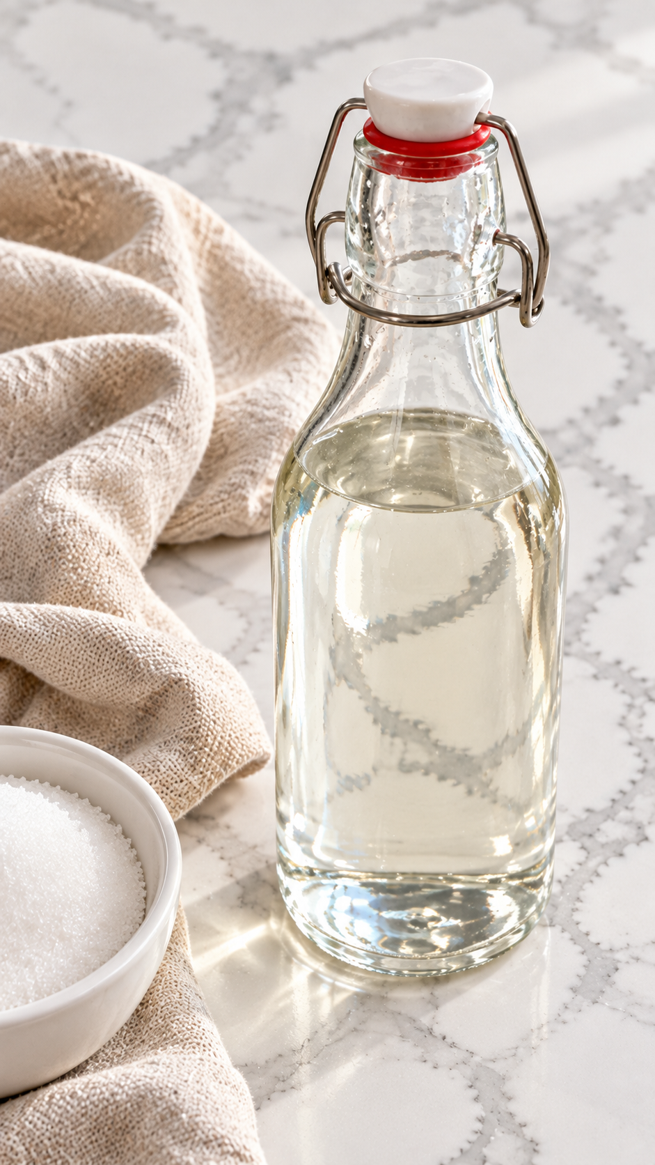 Cooled rich simple syrup sealed in a clear swing-top glass bottle
