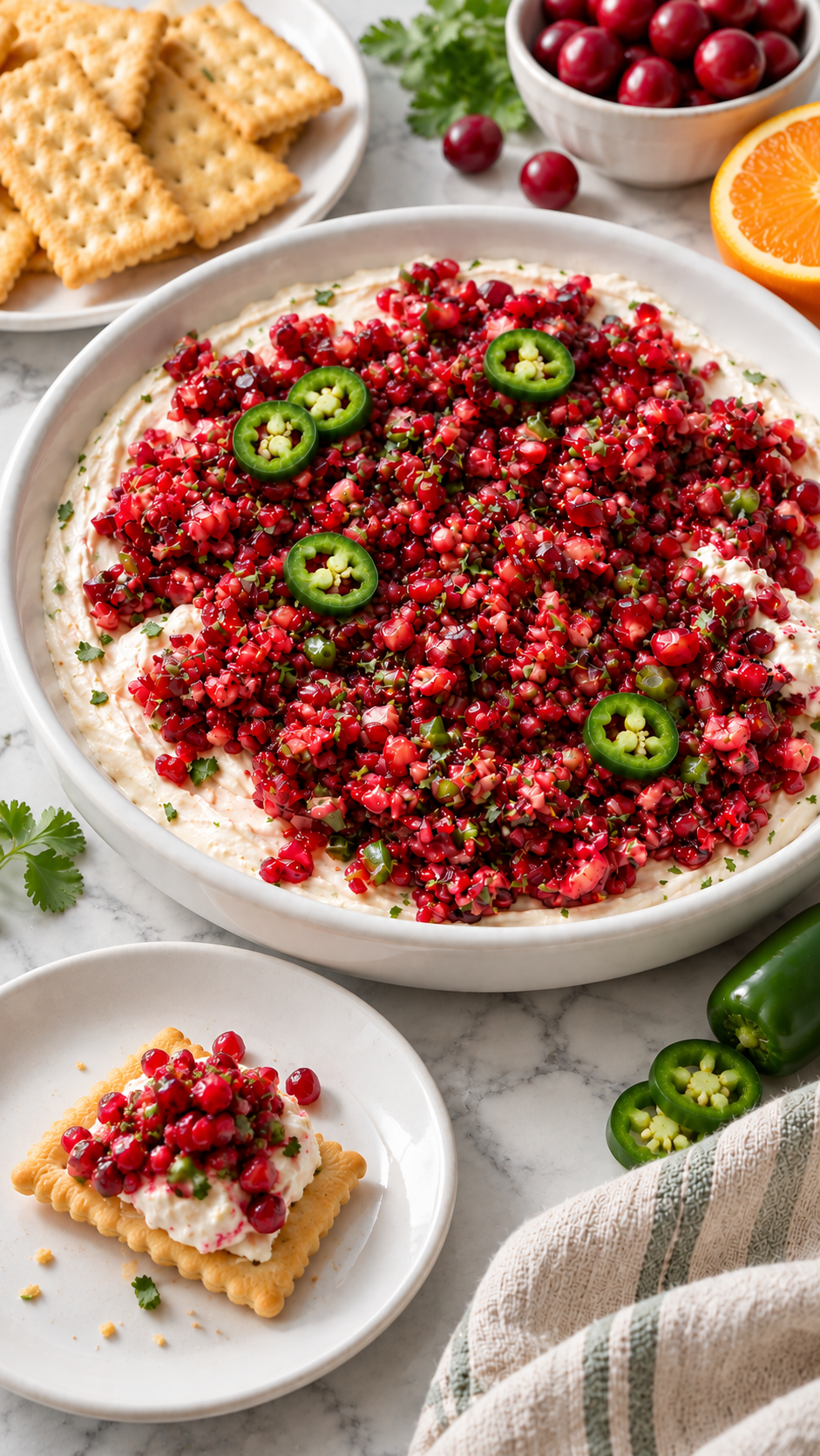 Finished cranberry pomegranate jalapeño dip with a cream cheese and fruit-topped Club cracker.