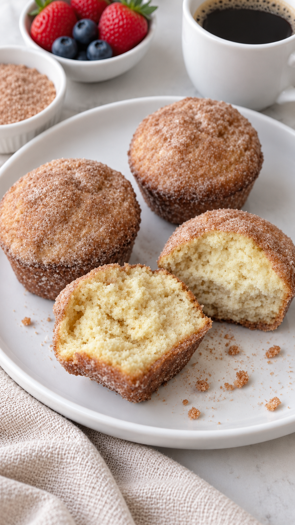French breakfast puffs and broken muffin halves on a white plate