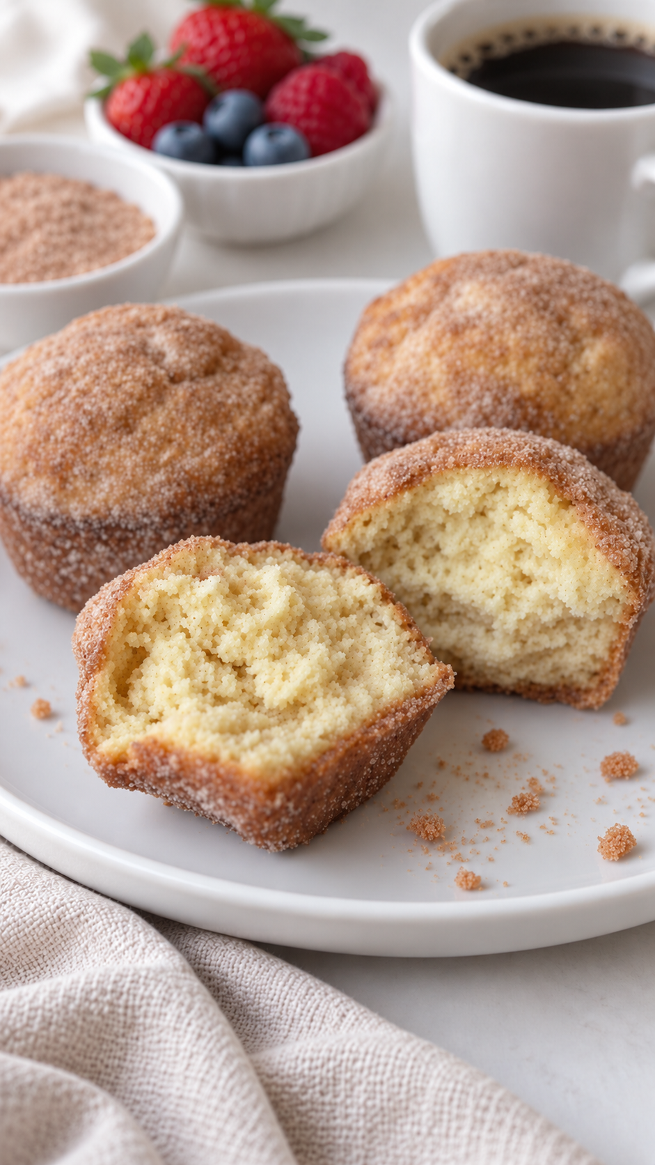 Close view of the tender crumb and cinnamon sugar coating on French breakfast puffs