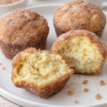French breakfast puffs with fine cinnamon sugar and a split muffin showing the tender crumb