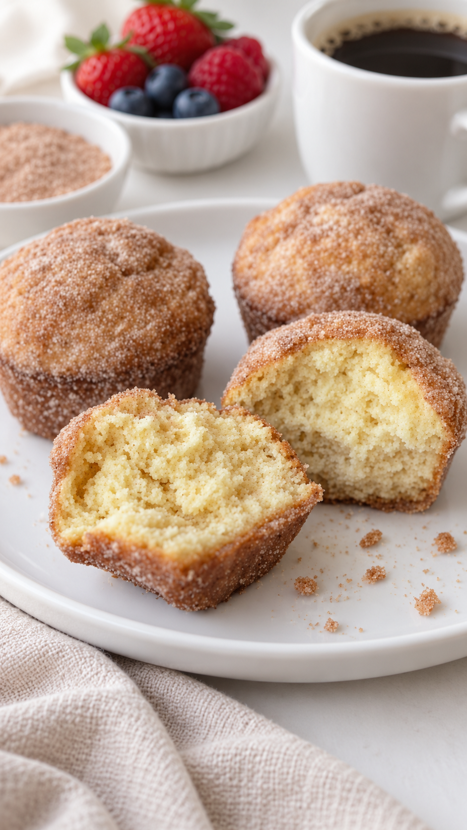 French breakfast puffs with fine cinnamon sugar and a split muffin showing the tender crumb
