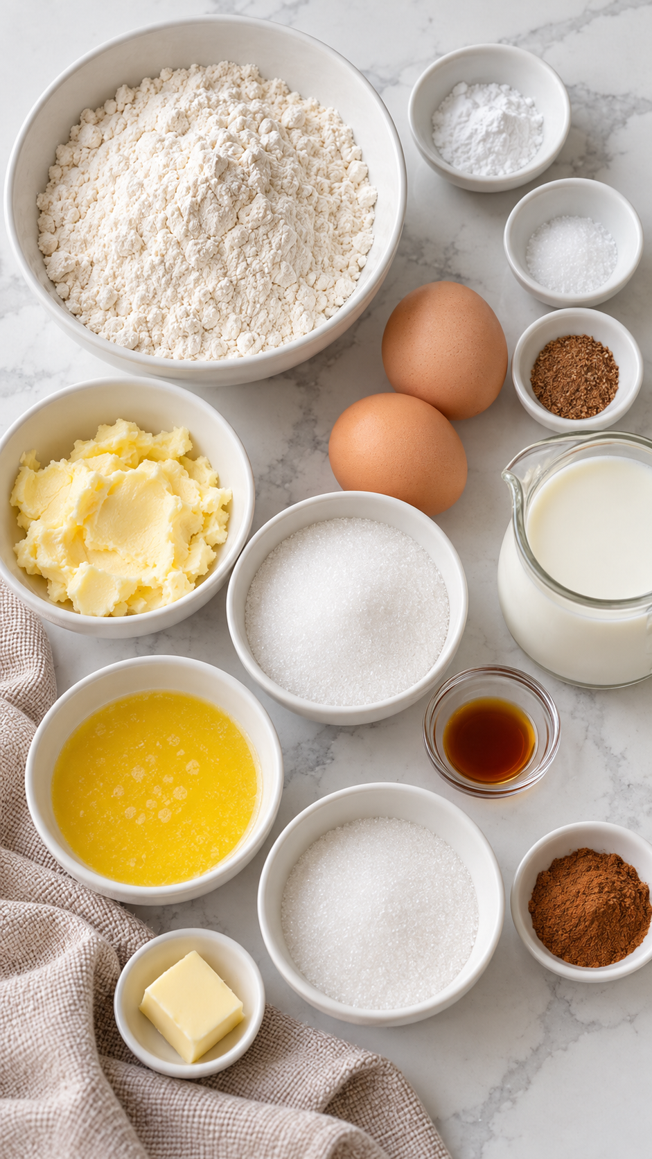 Ingredients for French breakfast puffs, including flour, butter, sugar, eggs, milk, vanilla, nutmeg and cinnamon