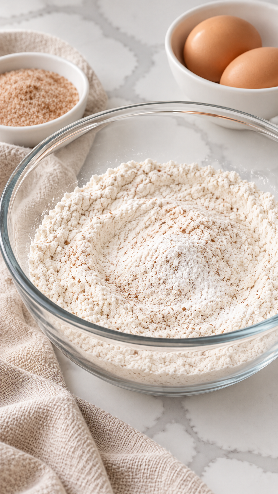Whisked flour mixture in a clear glass bowl for French breakfast puffs
