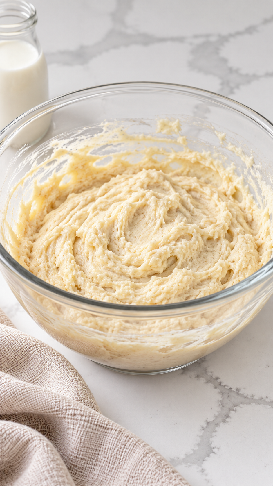 Pale just-combined muffin batter in a clear glass mixing bowl