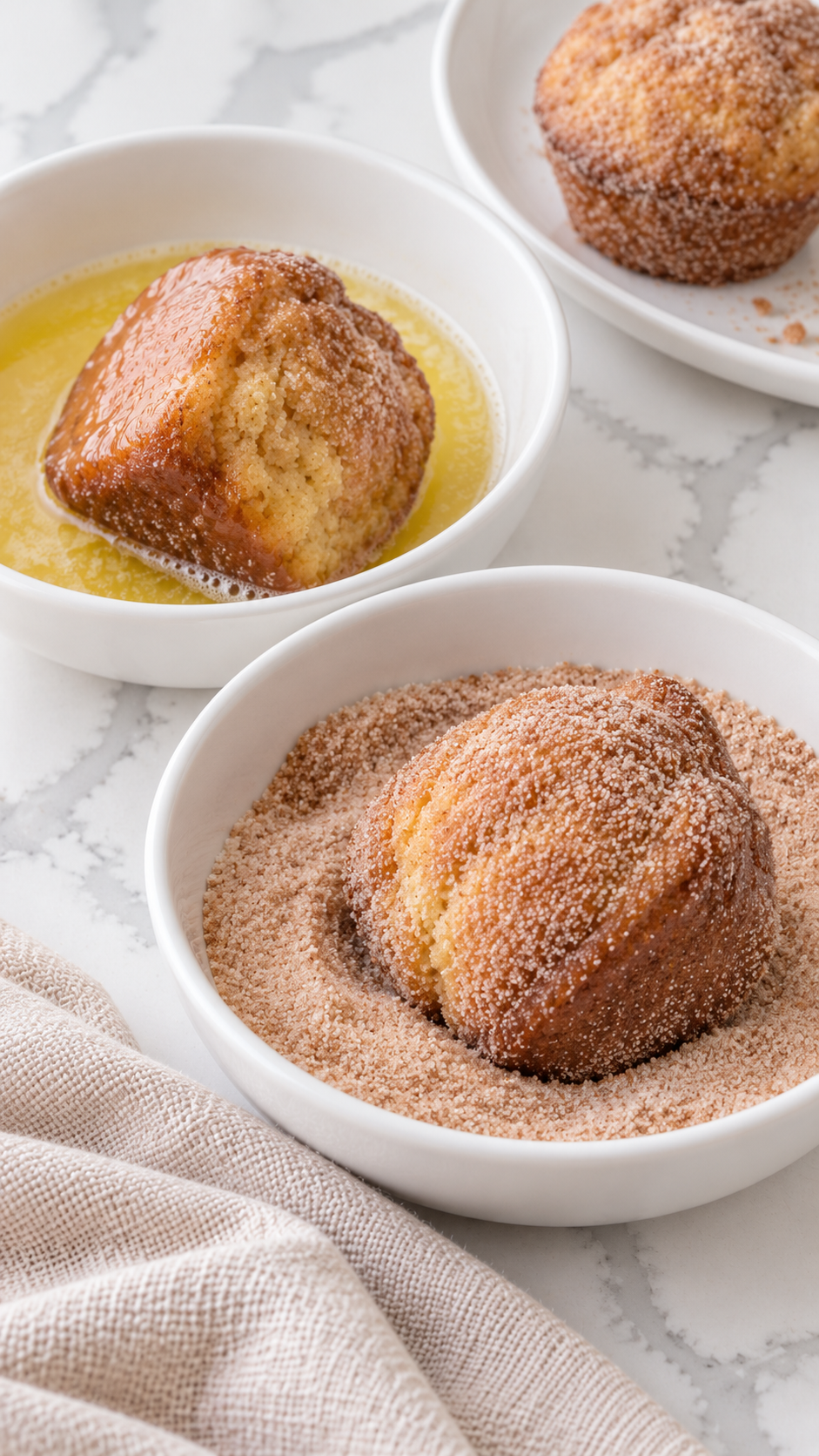 Warm breakfast muffins being coated in melted butter and cinnamon sugar