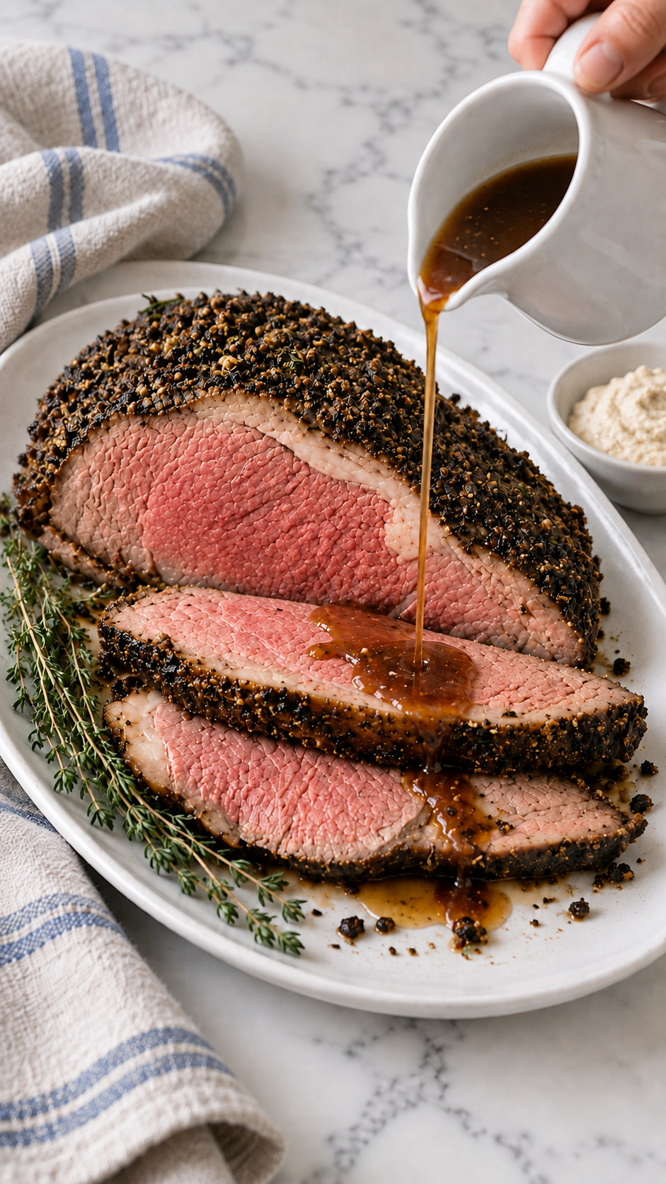 Warm pan gravy poured over slices of herb-crusted prime rib on a white platter.