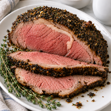 Garlic herb crusted prime rib with sliced beef, pan gravy, and horseradish sauce on a white platter.