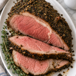Higher-angle view of a garlic herb crusted rib roast with two uneven slices and a jug of pan gravy.