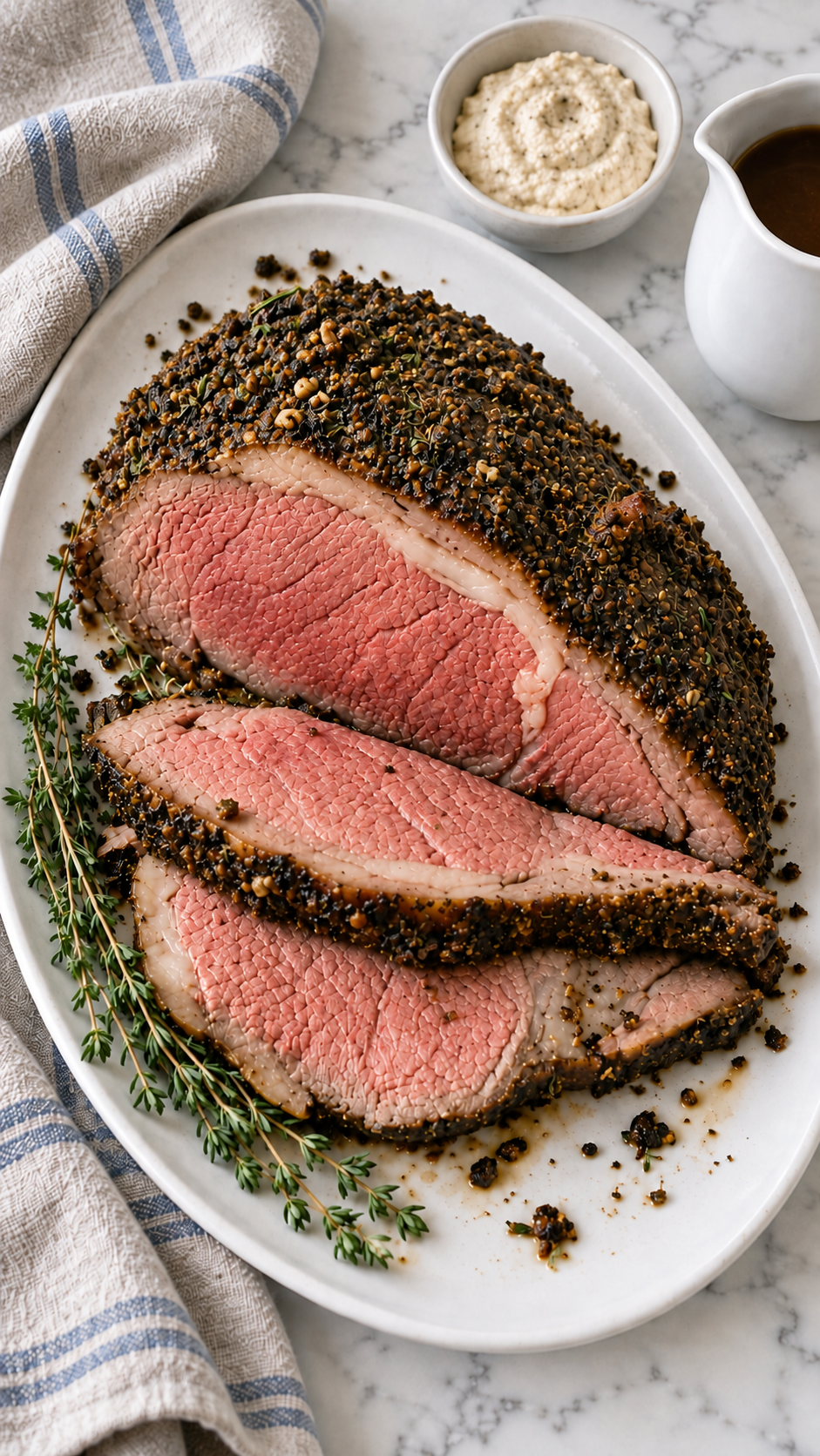 Higher-angle view of a garlic herb crusted rib roast with two uneven slices and a jug of pan gravy.