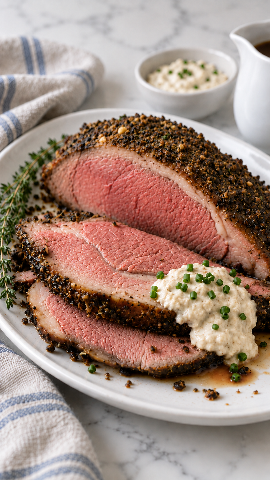 Close-up of prime rib topped with creamy horseradish sauce and a little pan gravy.