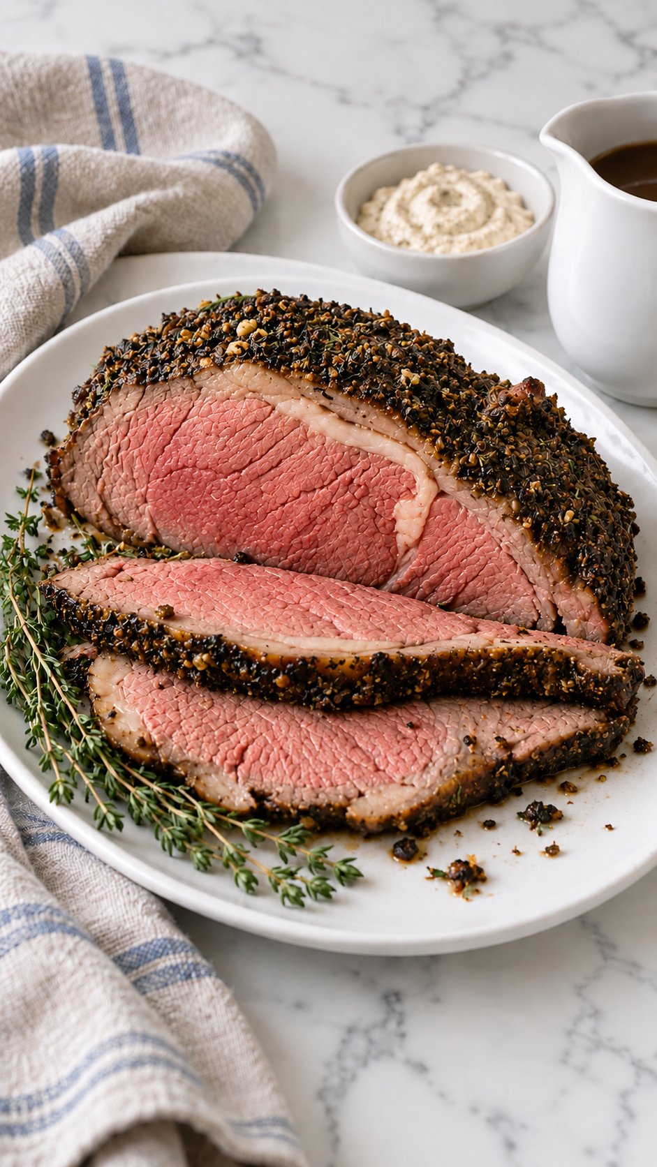 Garlic herb crusted prime rib with sliced beef, pan gravy, and horseradish sauce on a white platter.