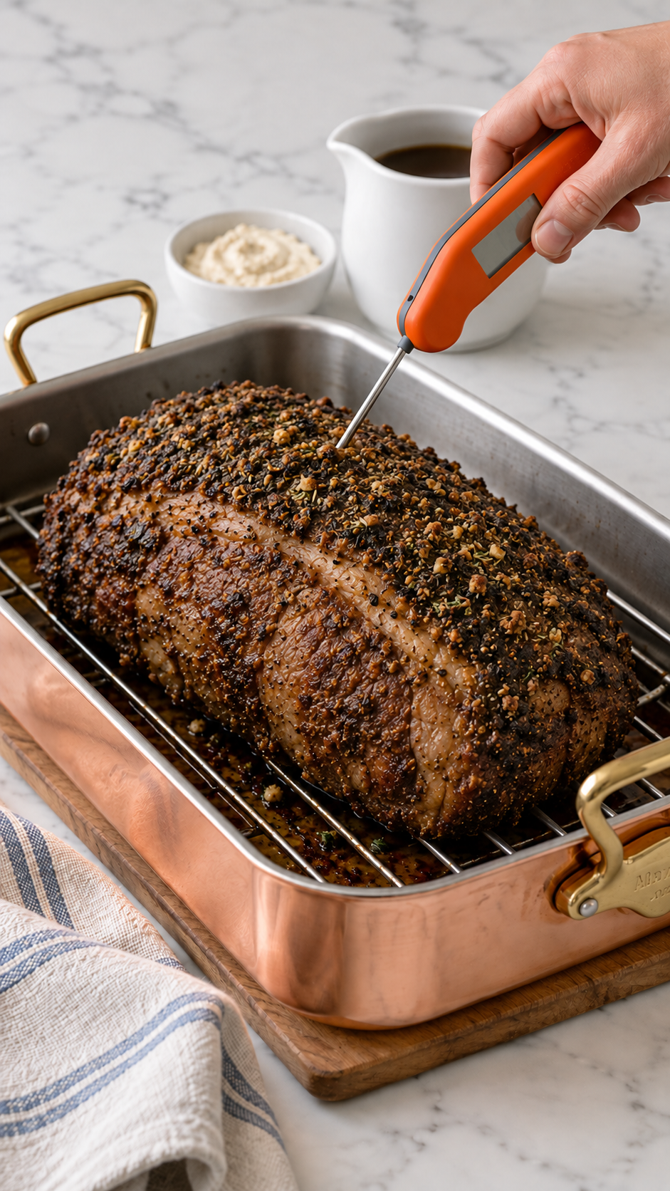 Orange instant-read thermometer checking the thickest part of a browned rib roast.