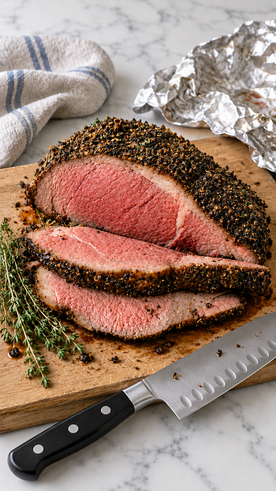 Rested prime rib carved into slices on a wooden cutting board beside a chef’s knife.
