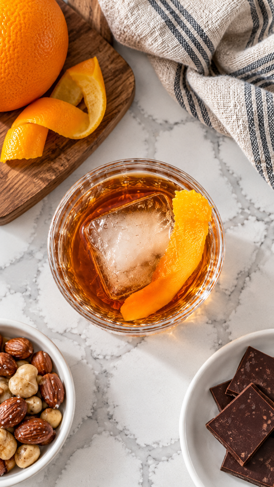 Overhead view of a Godfather cocktail with an orange peel garnish