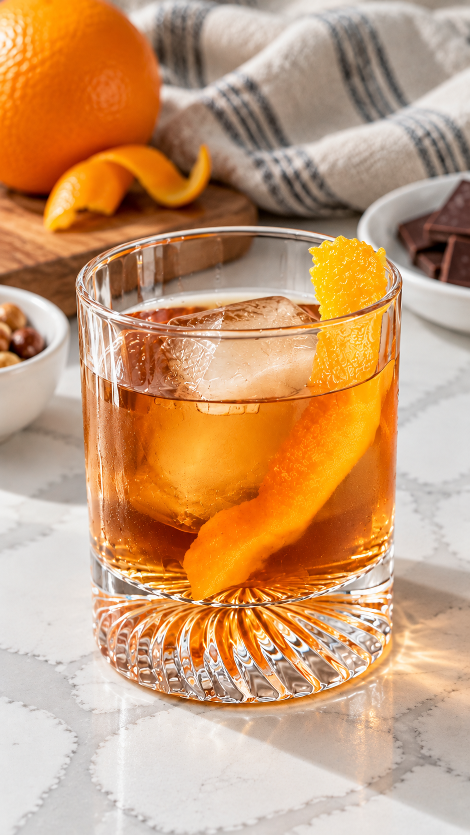 Close view of an amber bourbon and amaretto cocktail in a rocks glass