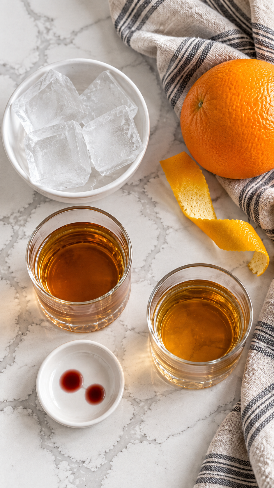 Bourbon, amaretto, bitters, orange peel, and ice for a Godfather cocktail
