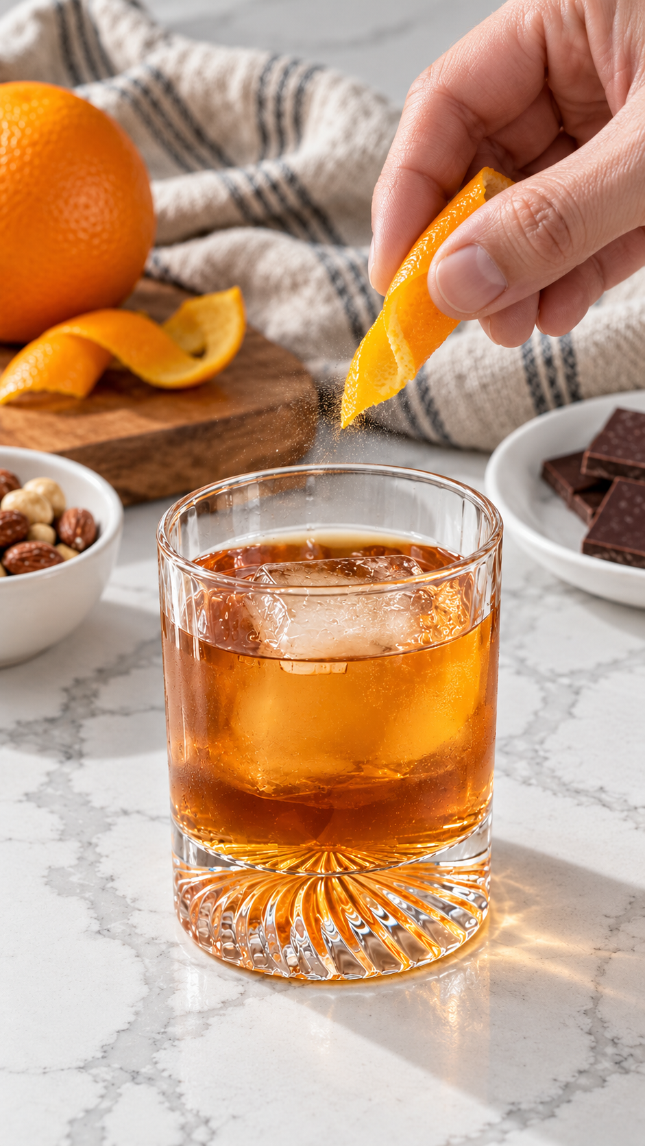 Orange peel held over a Godfather cocktail before garnishing