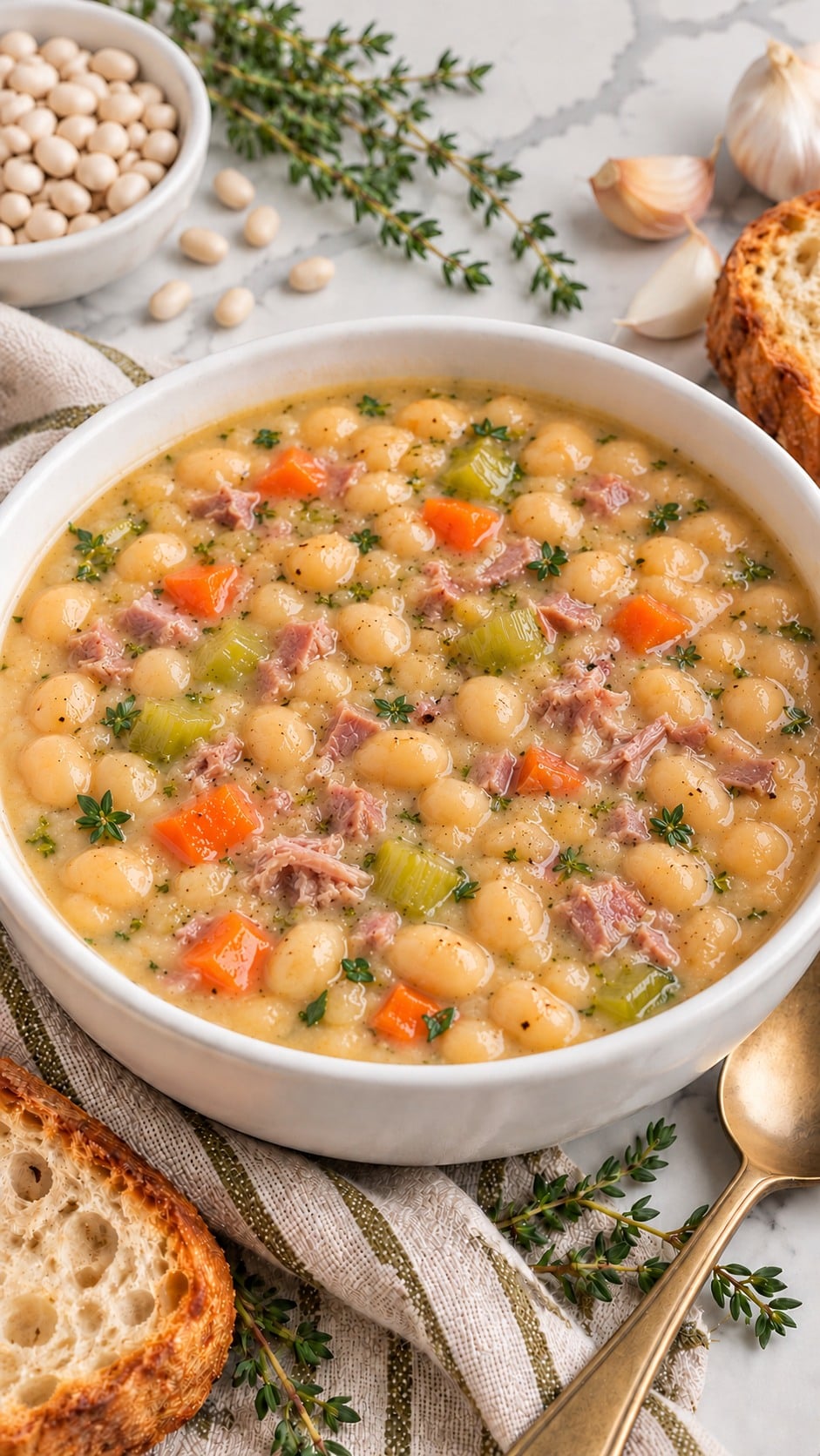 Finished creamy ham and navy bean soup served with crusty bread in a white bowl.