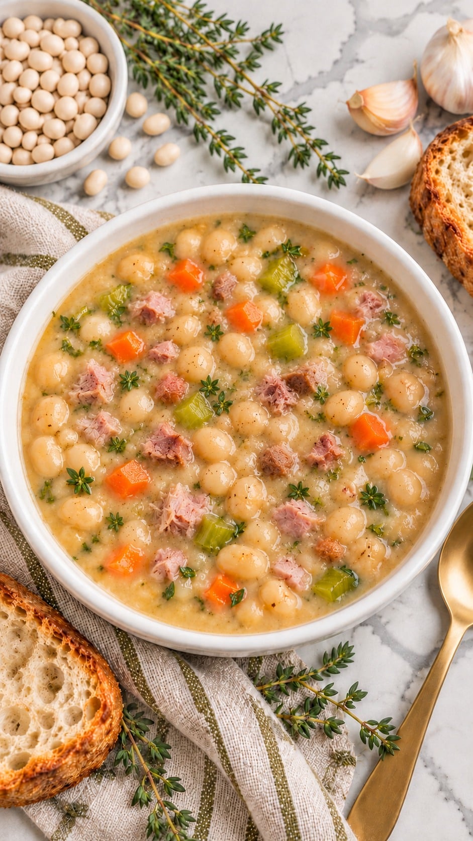 Overhead view of navy bean and ham soup in the same white ceramic bowl.