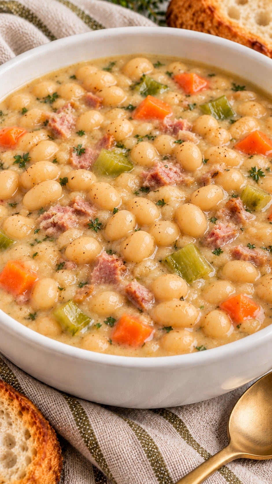 Close view of creamy navy beans, ham, carrots and celery in ham and bean soup.