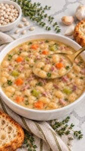 Ham and bean soup with navy beans, diced ham, carrots and celery in a white bowl, with a spoonful lifted.
