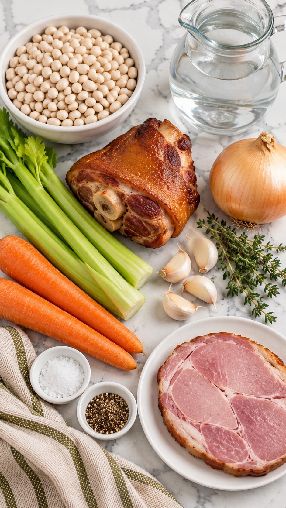 Dried navy beans, smoked ham hock, onion, celery, carrots, garlic, thyme, pepper, water, cooked ham steak and salt.