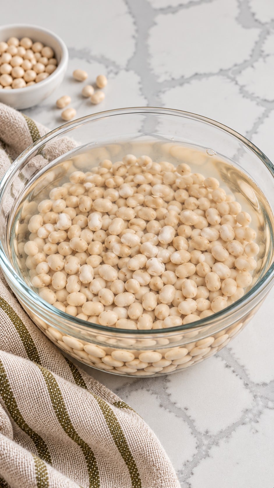Navy beans submerged in water for optional refrigerated soaking.