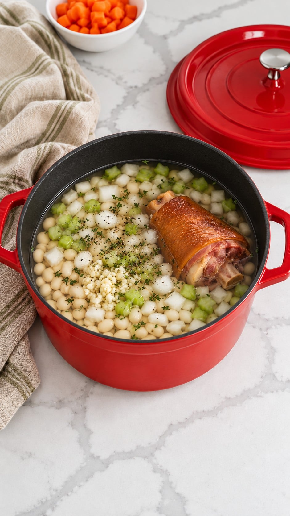 Navy beans, ham hock, onion, celery, garlic and thyme in a Dutch oven before simmering.