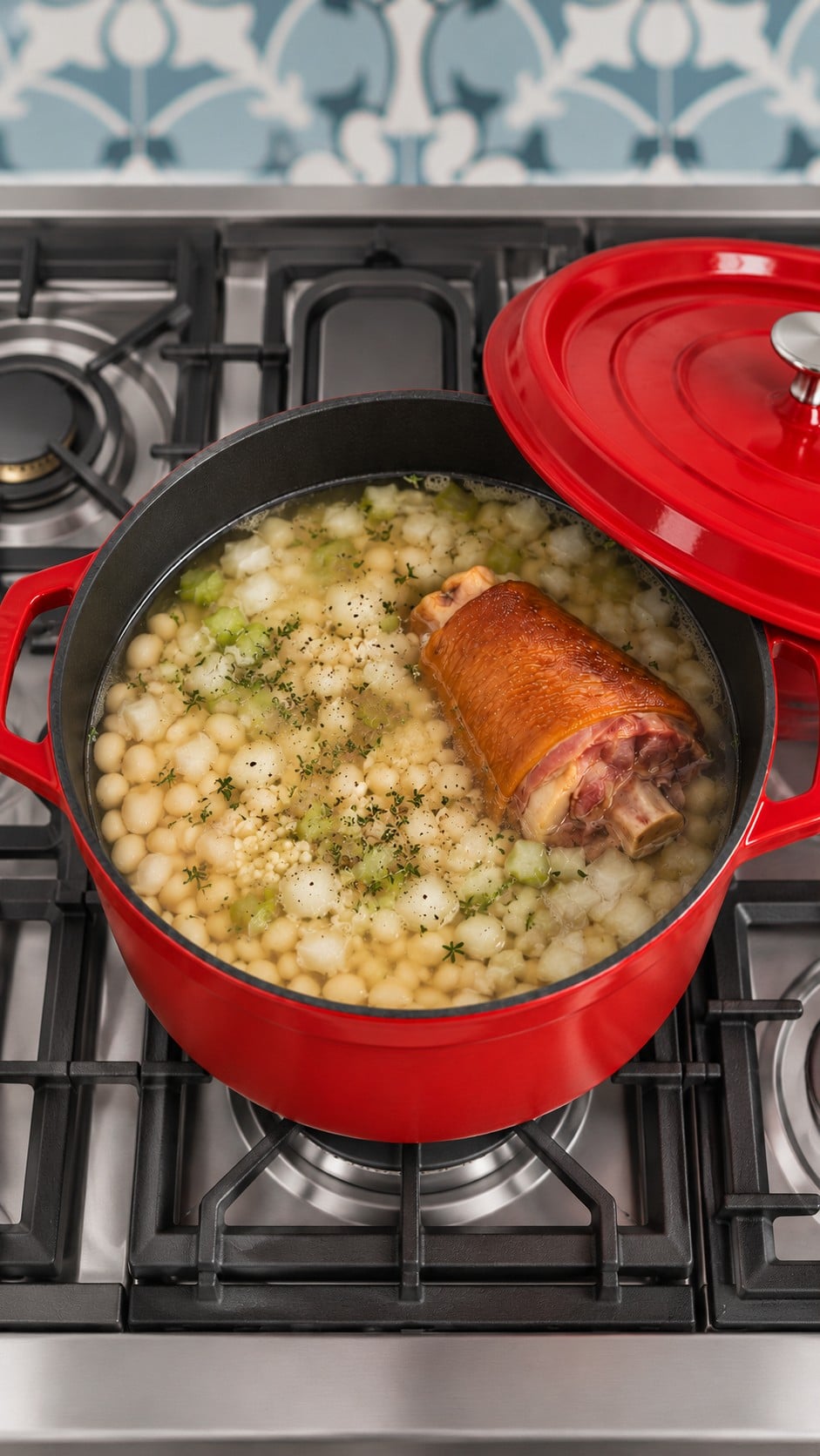 Navy beans and a smoked ham hock gently simmering with the lid partly open.