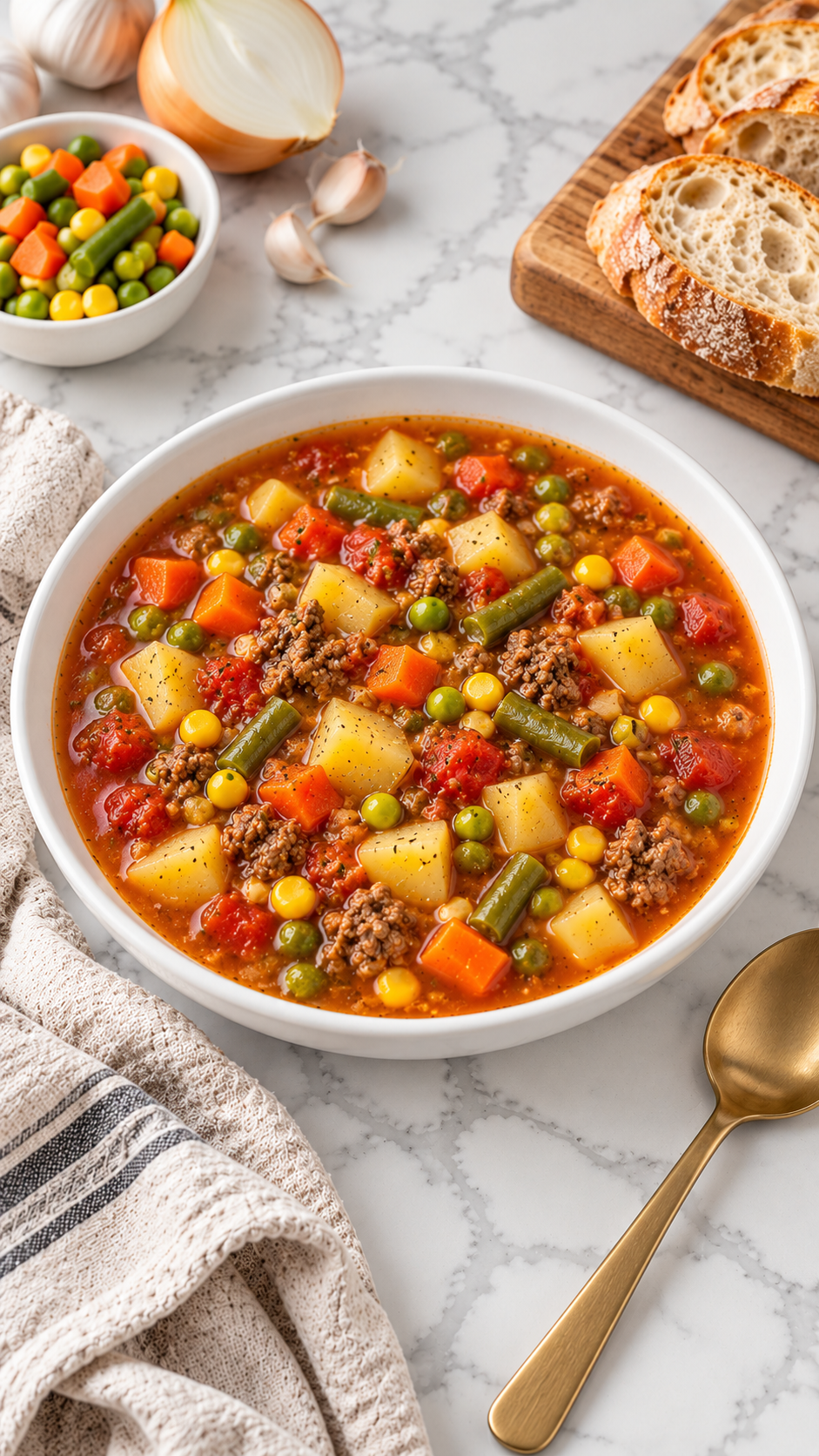 Hamburger soup served in a white bowl beside crusty bread.