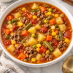 Hamburger soup with ground beef, potatoes and mixed vegetables in tomato broth in a white bowl.