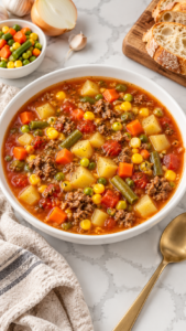 Hamburger soup with ground beef, potatoes and mixed vegetables in tomato broth in a white bowl.