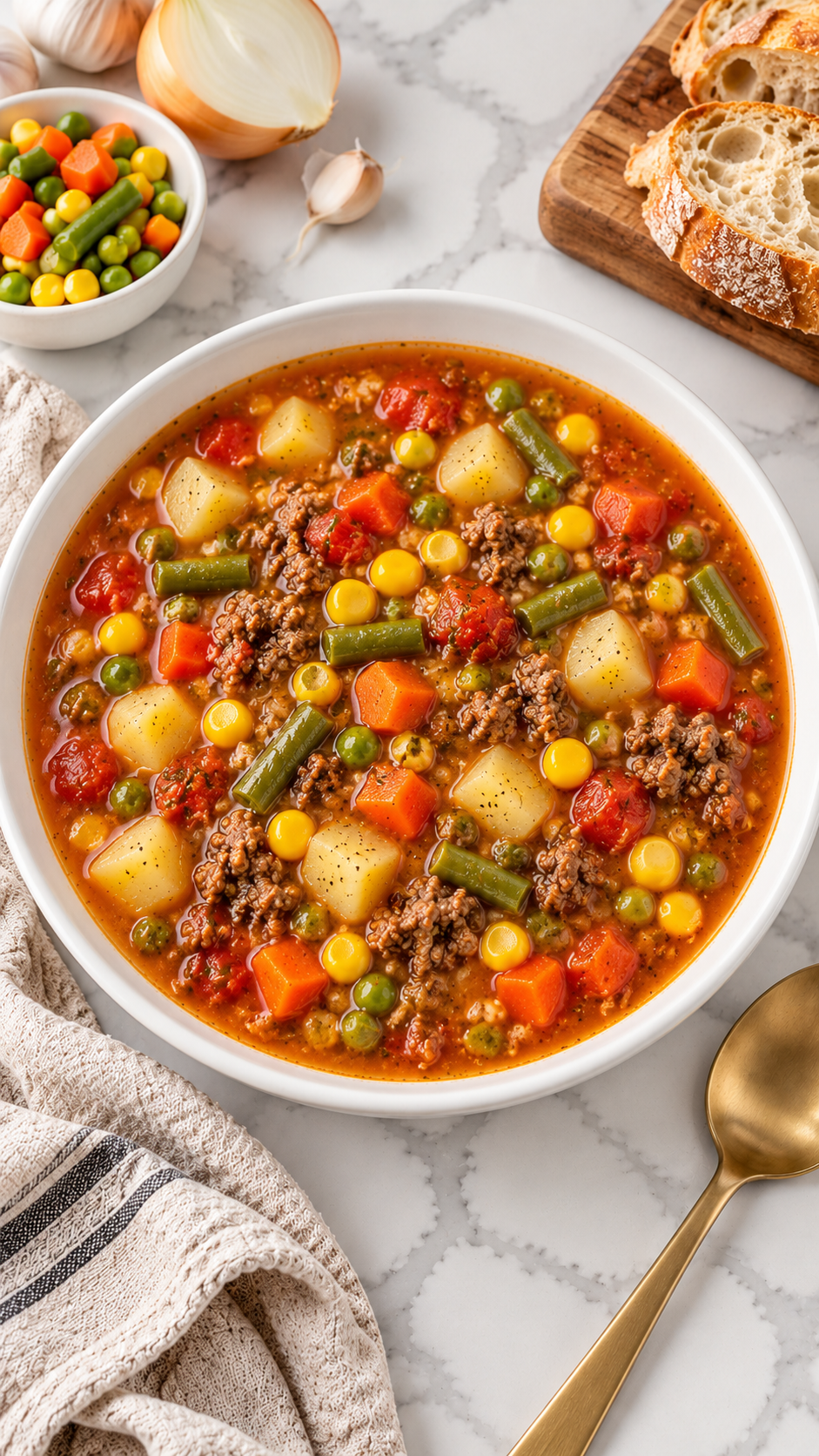 Overhead view of hamburger soup with potatoes and mixed vegetables.